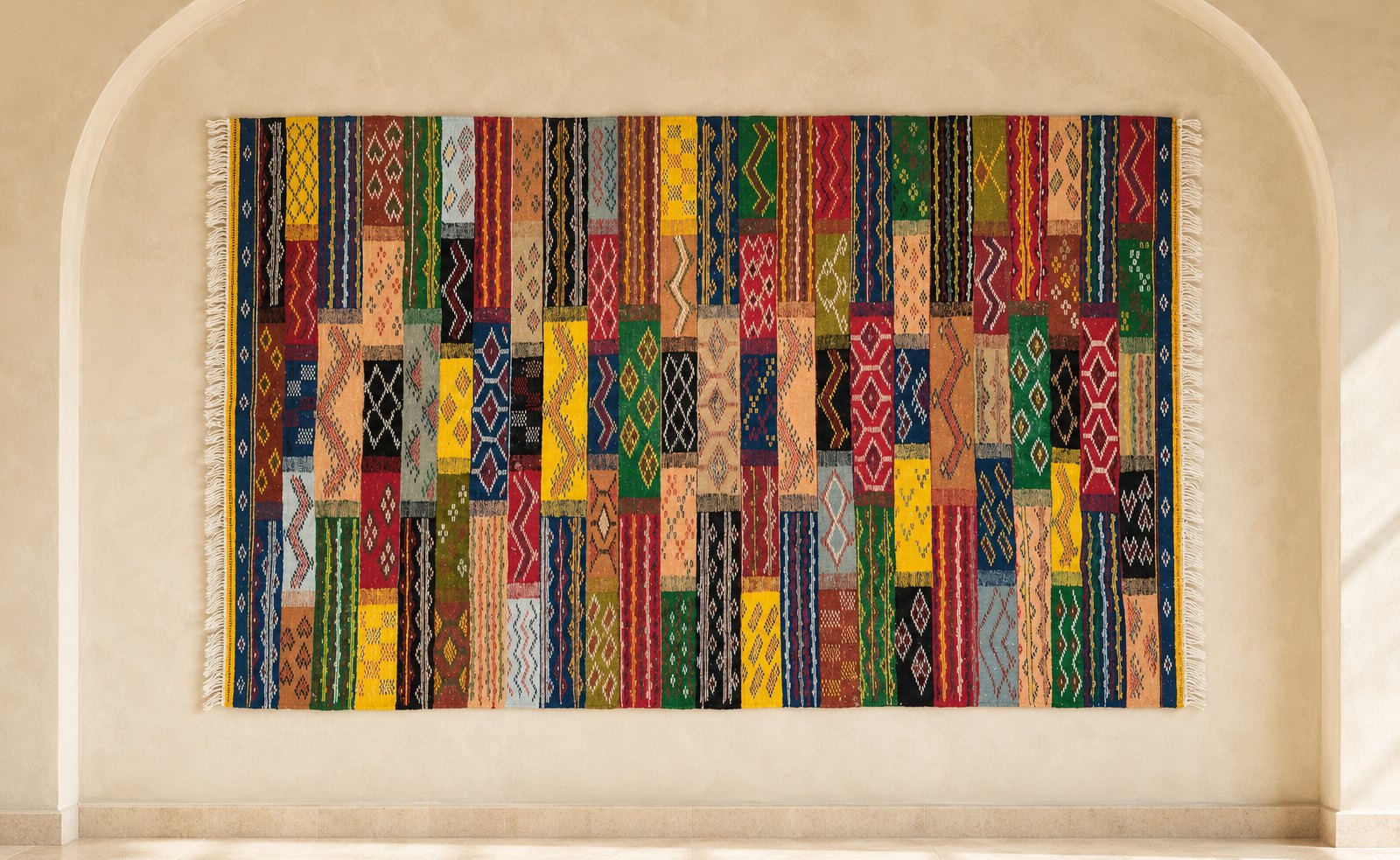 Aghbalou multicolour Moroccan flatweave rug made of narrow woven strips with different motifs