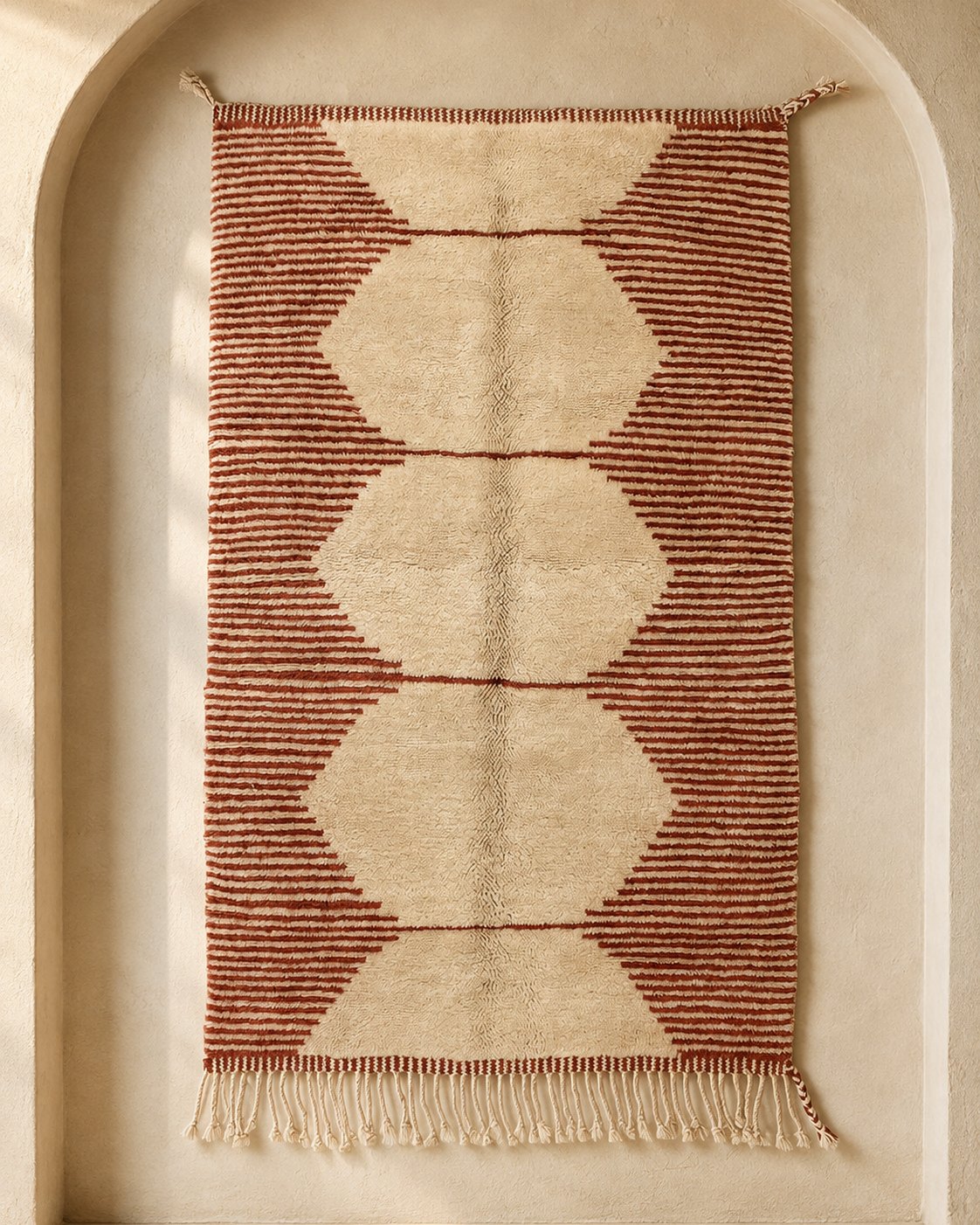 Beni Ouarain style Moroccan rug, madder stripes around ivory hexagons
