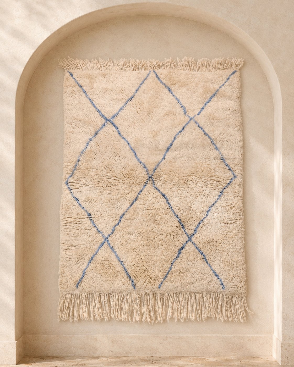Beni Ouarain style Moroccan rug, indigo diamond lattice on undyed ivory pile