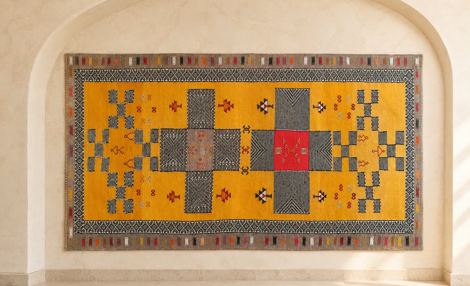 Amizmiz Moroccan flatweave rug in saffron with large black and white twill blocks and a red centre