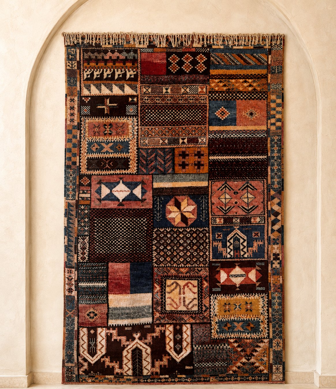 Anammer hand knotted Moroccan patchwork rug with small panels in madder, indigo and ochre
