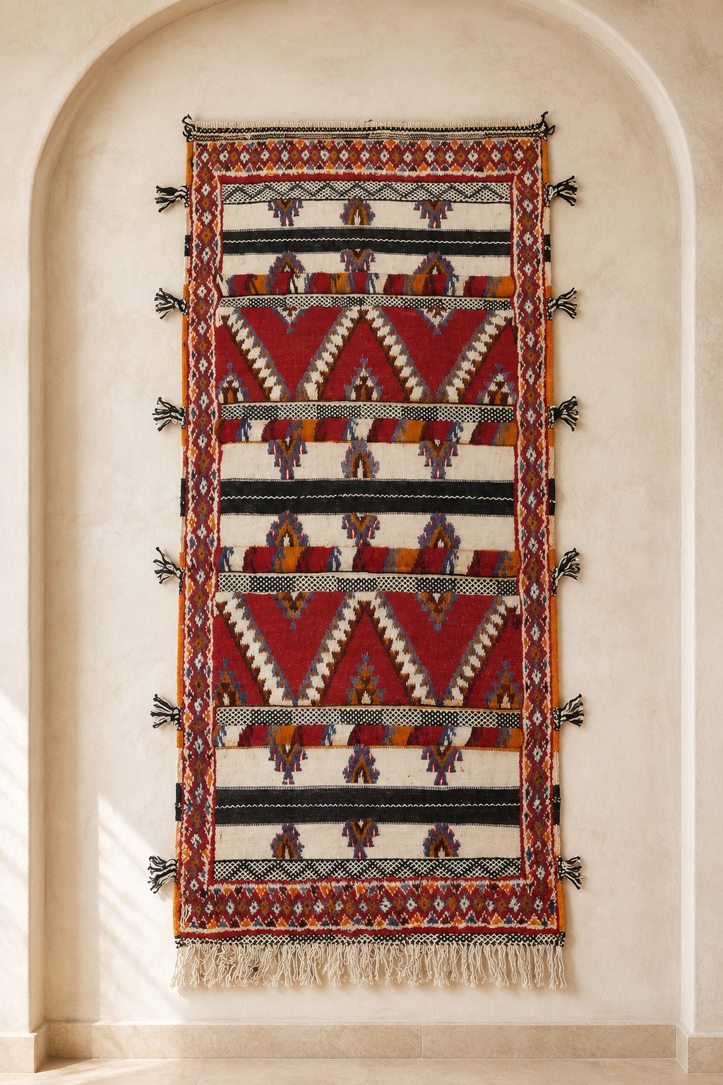 Anmiter Moroccan rug with crimson chevron panels, ivory motif bands, ornate border and side tassels