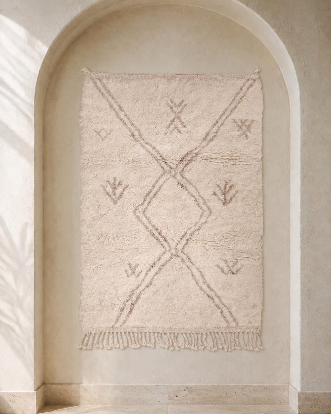 Beni Ouarain style Moroccan rug, soft taupe lattice with small woven signs on ivory pile