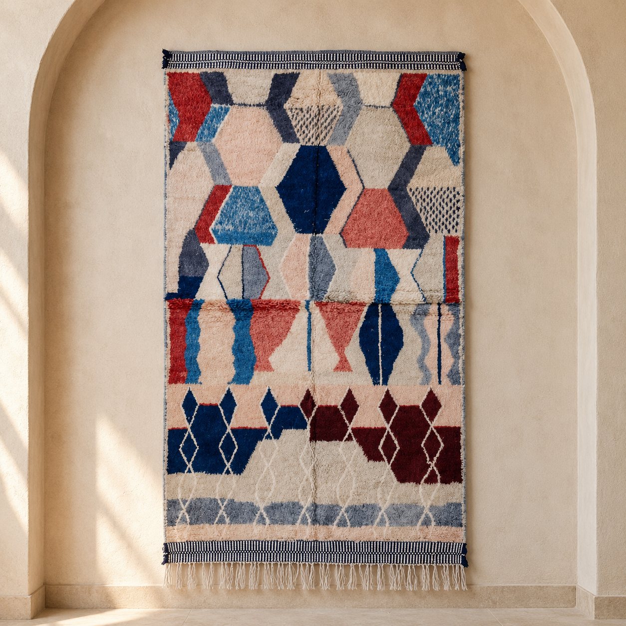 Azilal contemporary Moroccan rug in thick ivory pile with blue, rose and burgundy shapes
