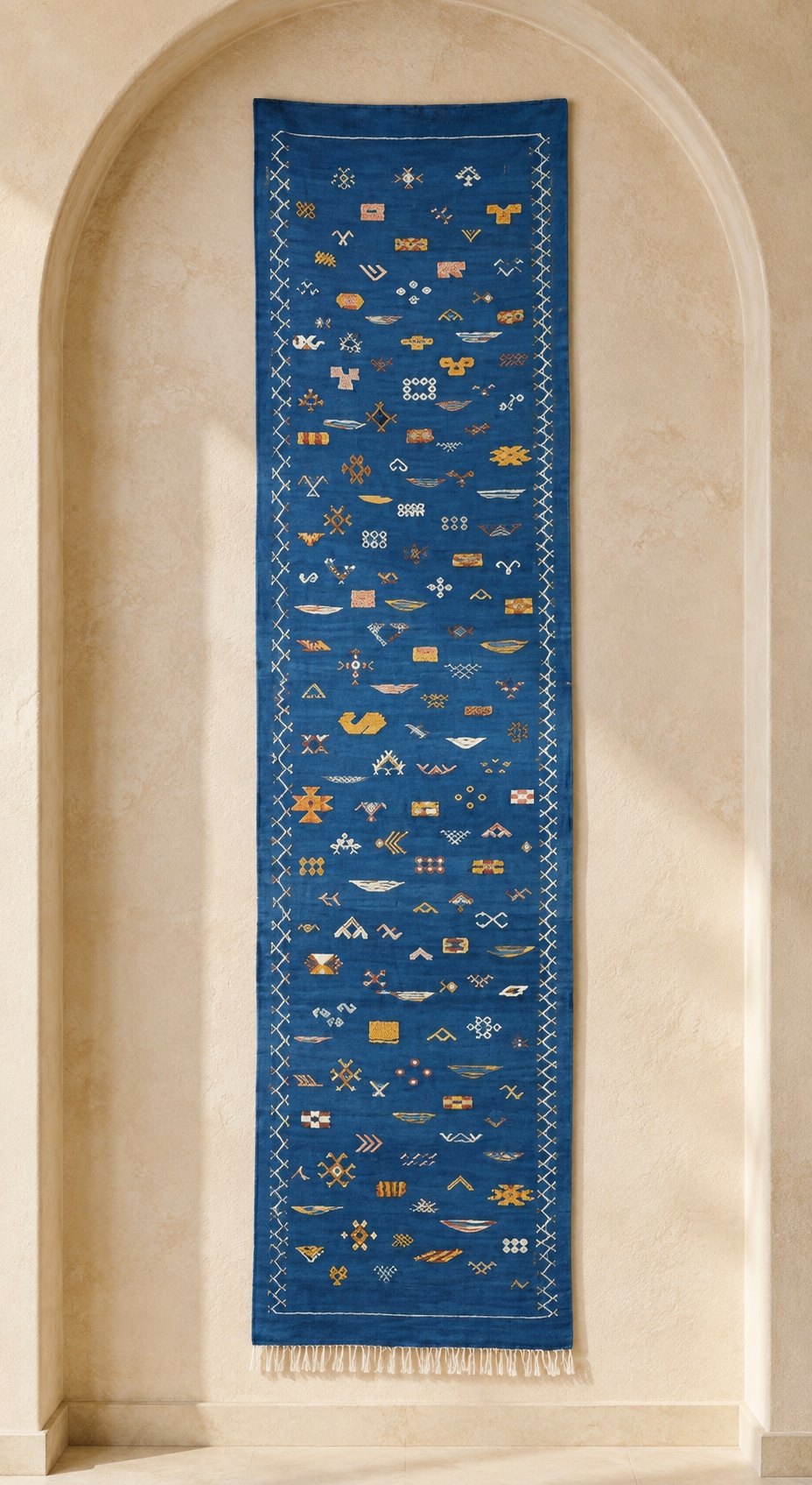Azzaden Moroccan flatweave runner in deep indigo with saffron and ivory woven signs