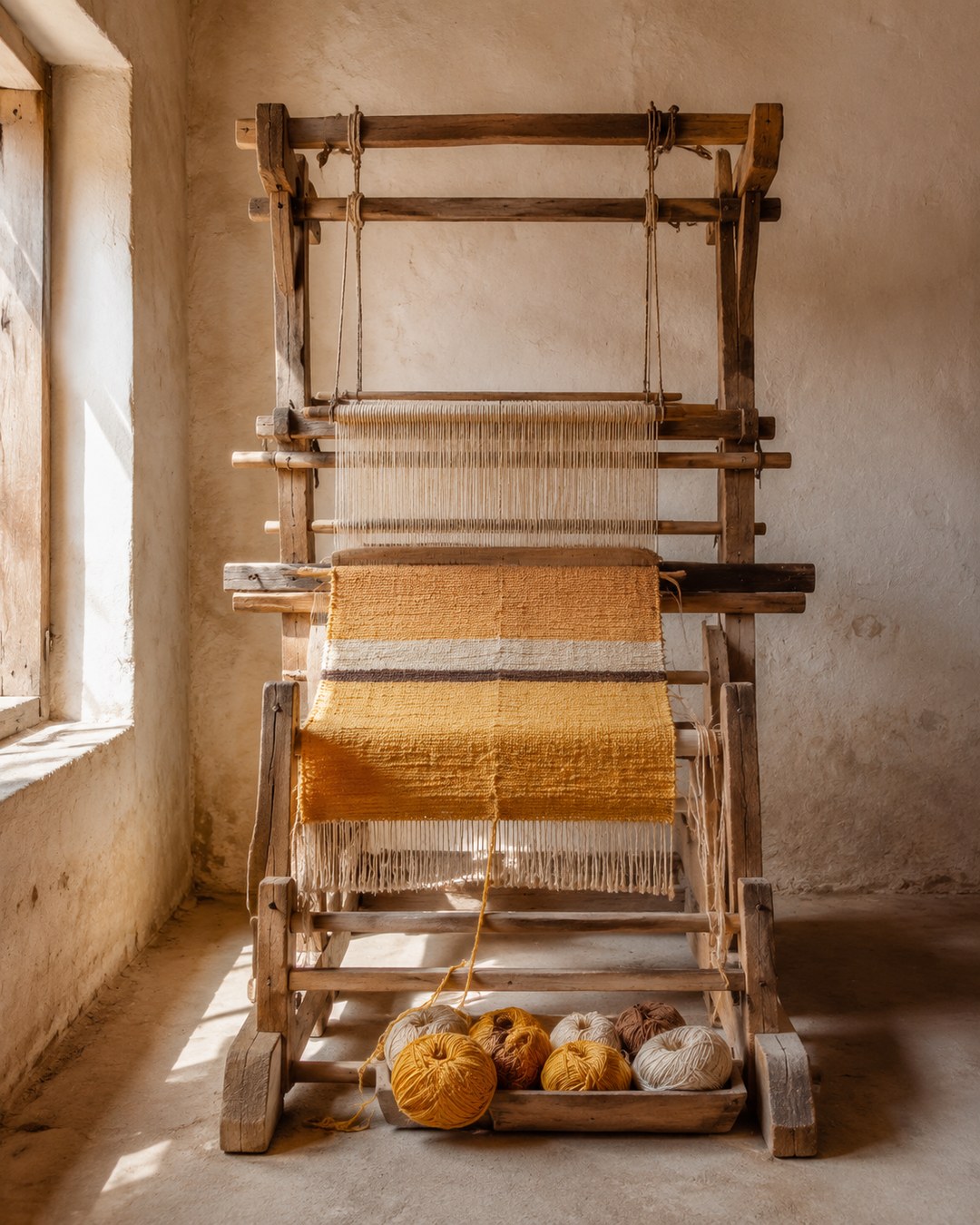 A saffron flatweave in progress on a vertical loom in the Atlas mountains