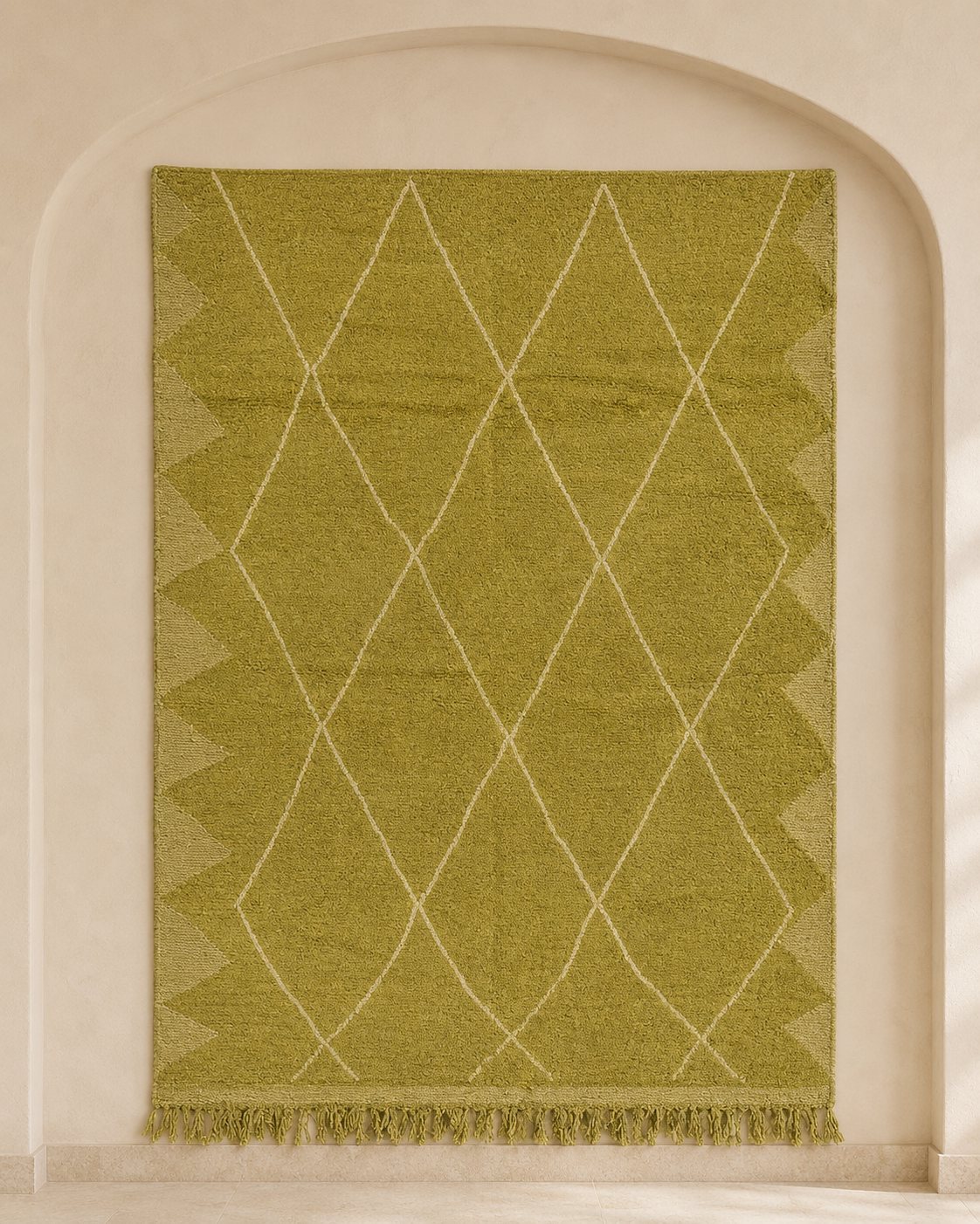 Imlil Zanafi style Moroccan flatweave rug in olive green with ivory diamond pattern