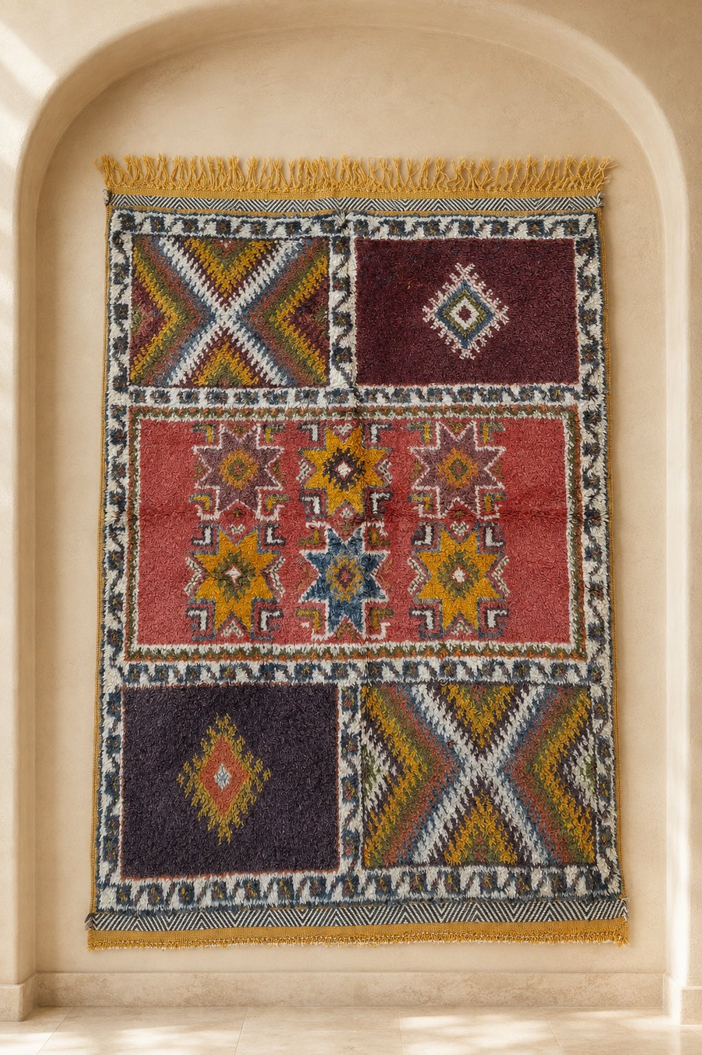Ouirgane hand knotted Moroccan rug with five panels of stars and crosses in plum, madder and olive