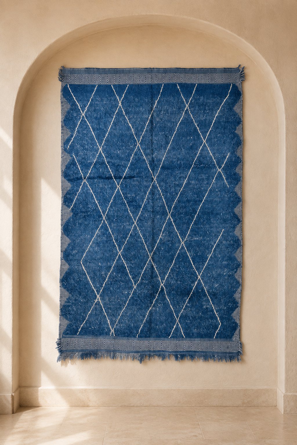 Oukaimeden deep indigo Moroccan rug in thick knotted pile with thin ivory lattice