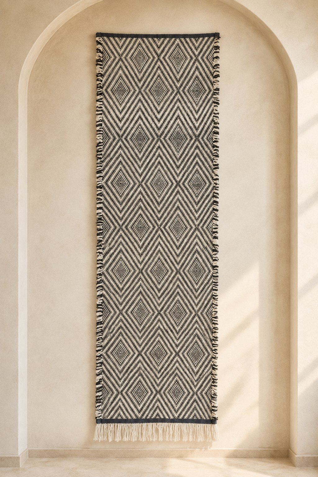 Tacheddirt Moroccan flatweave runner with black and ivory concentric twill diamonds