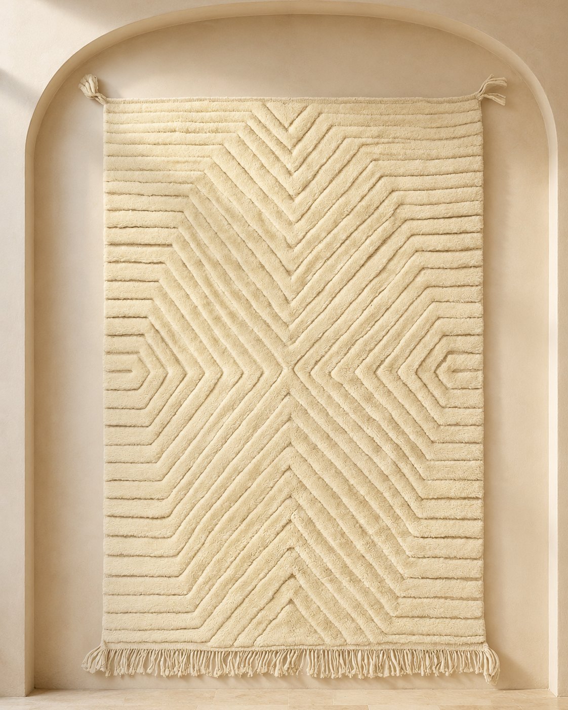 Beni Ouarain style Moroccan rug, radiating chevrons carved into undyed ivory pile
