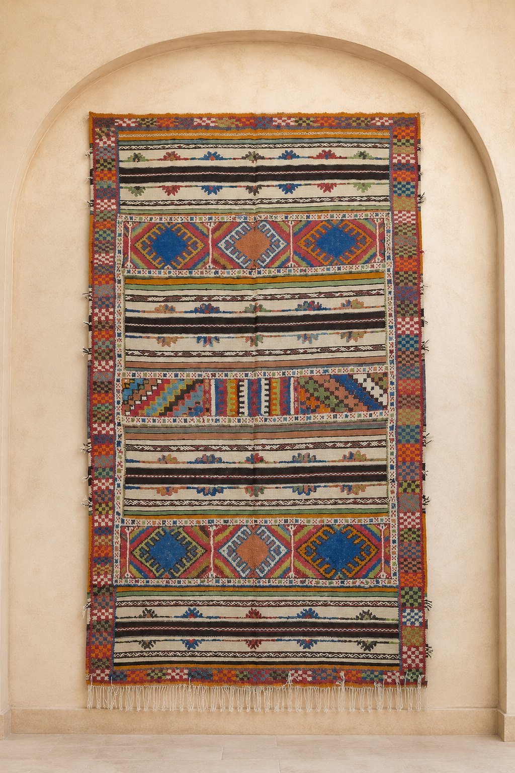 Telouet Moroccan rug mixing striped flatweave bands and knotted diamond panels with checkered borders