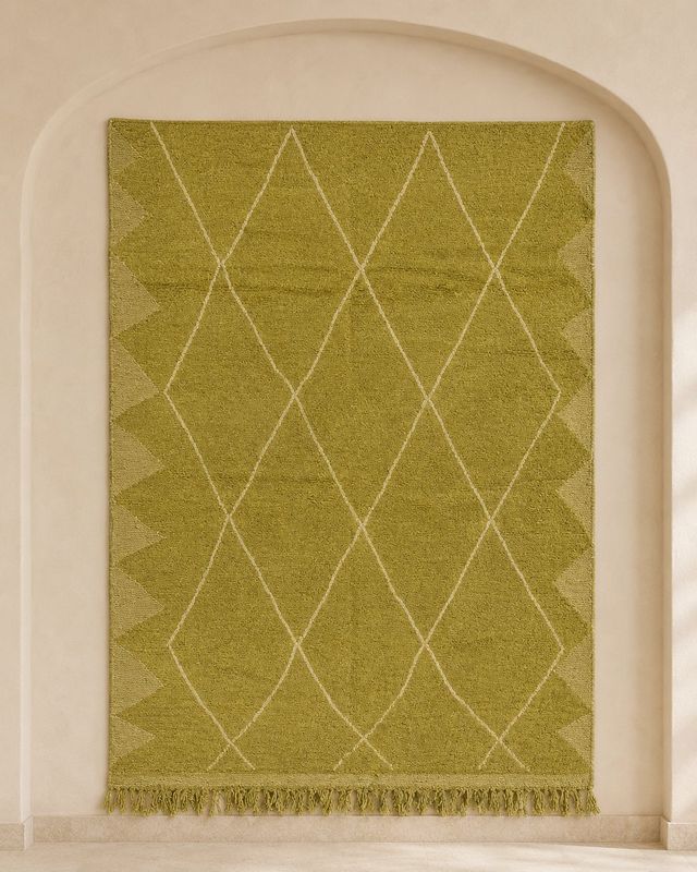 Imlil olive green Moroccan flatweave rug with ivory diamond linework