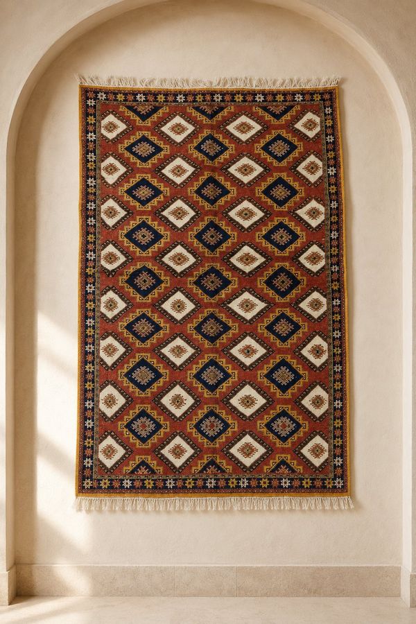 Tazenakht hand knotted Moroccan rug in terracotta, indigo and ivory