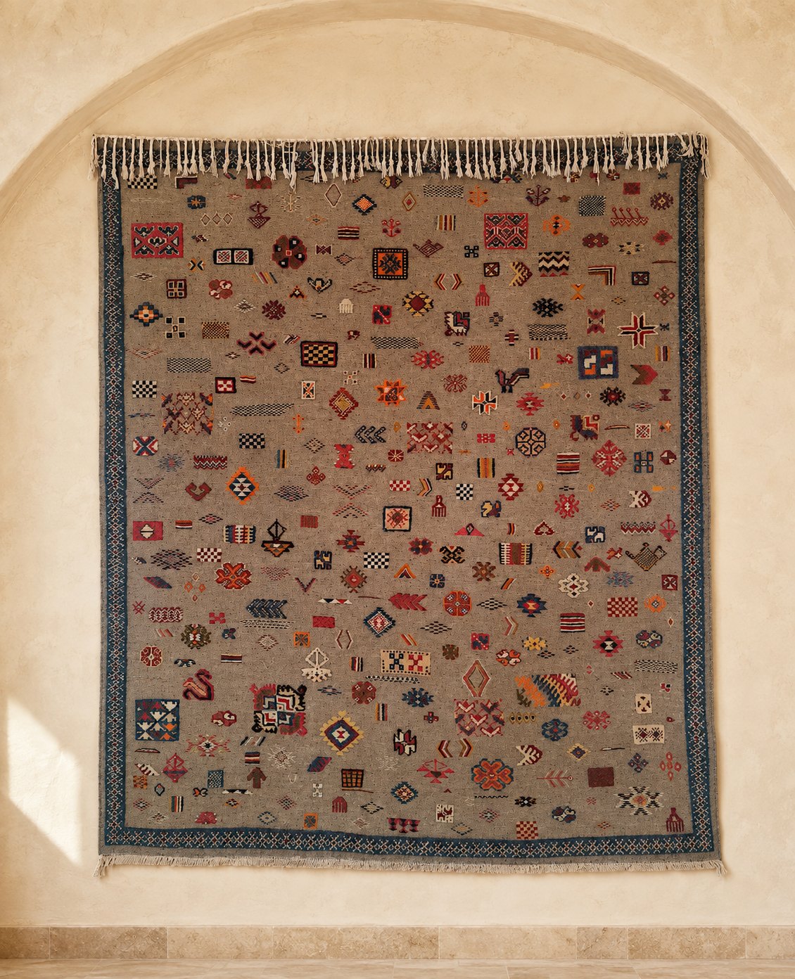 Tinmel Moroccan flatweave rug in stone taupe covered with small polychrome woven signs inside an indigo border